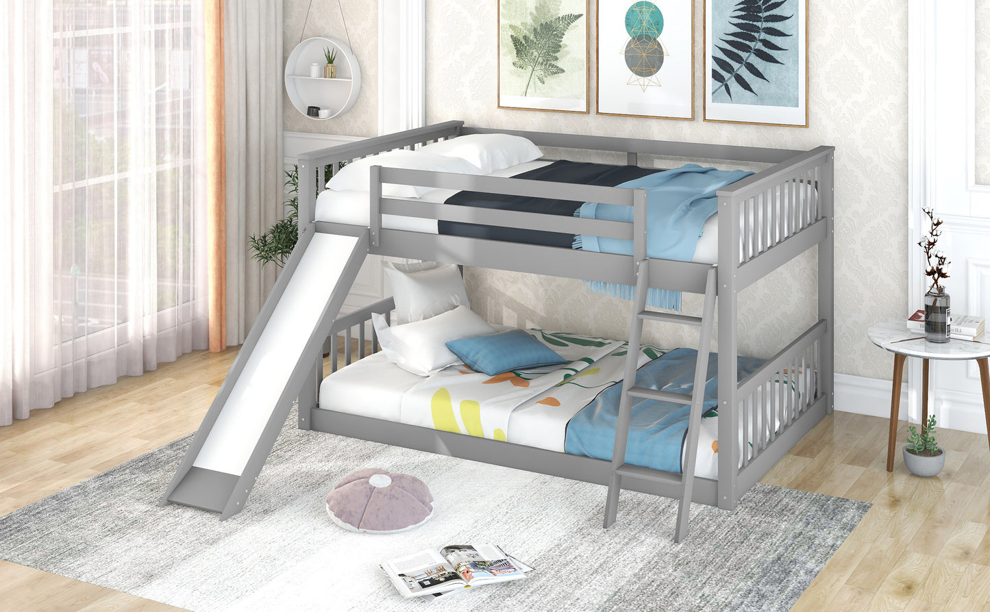 Full over Full Bunk Bed with Convertible Slide and Ladder  Gray