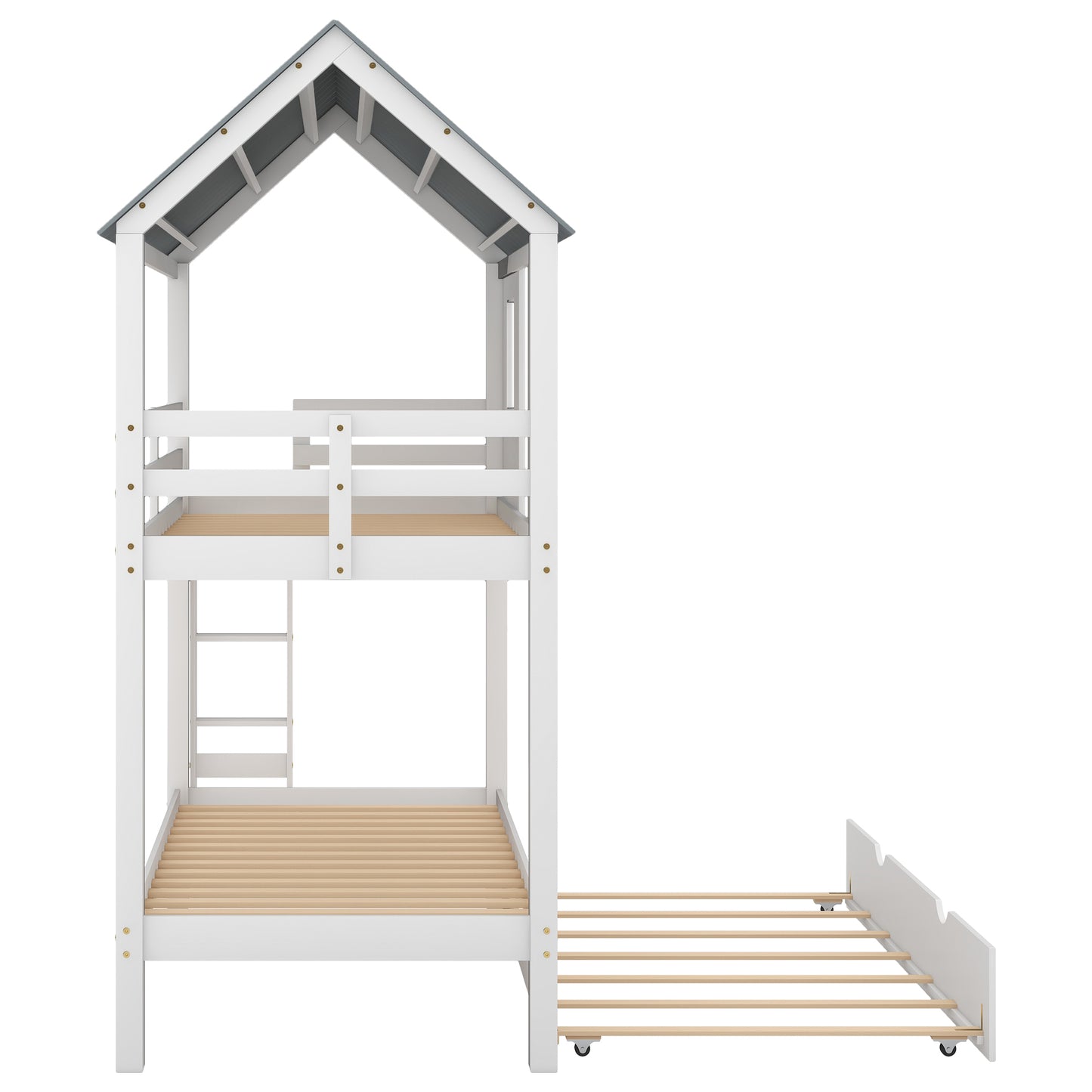 House Bunk Bed with Trundle,Roof and Windows White