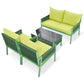 Muebles de exterior con mesa de vidrio templado, asientos profundos con cojines gruesos en amarillo fluorescente y verde