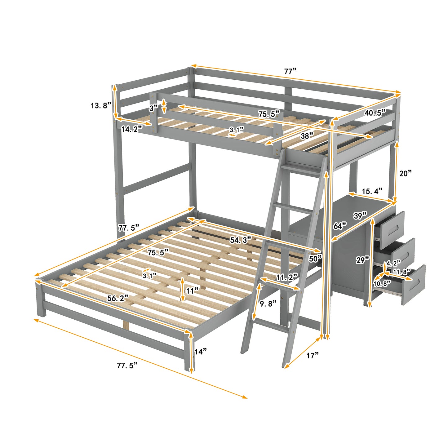 Twin over Full Bunk Bed with Built-in Desk and Three Drawers Grey