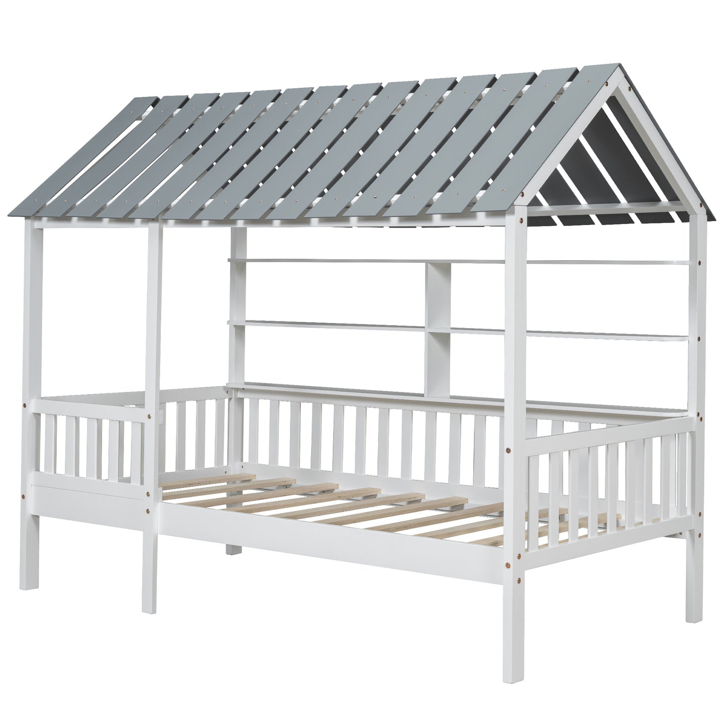 Wood Twin Size House Bed with Roof, Guardrail and Shelves, White