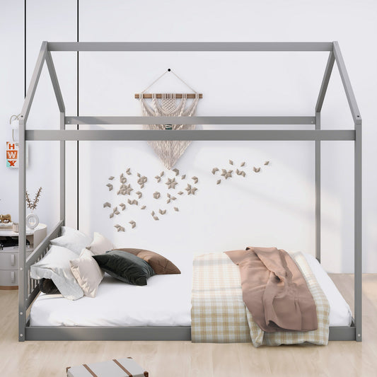 Queen Size Wooden House Bed with Headboard Gray