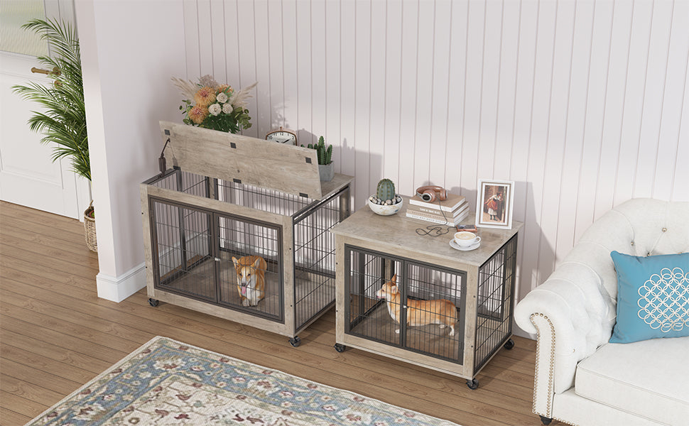 Furniture Style Dog Crate Side Table on Wheels with Double Doors and Lift Top.Grey,38.58''w x 25.5''d x 27.36''h