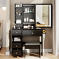 Left Drawer Desktop Vanity with Cushioned Stool, LED Mirror, and USB Power Stations