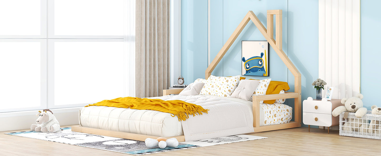 Full Size Wood Floor Bed with House-shaped Headboard  Natural