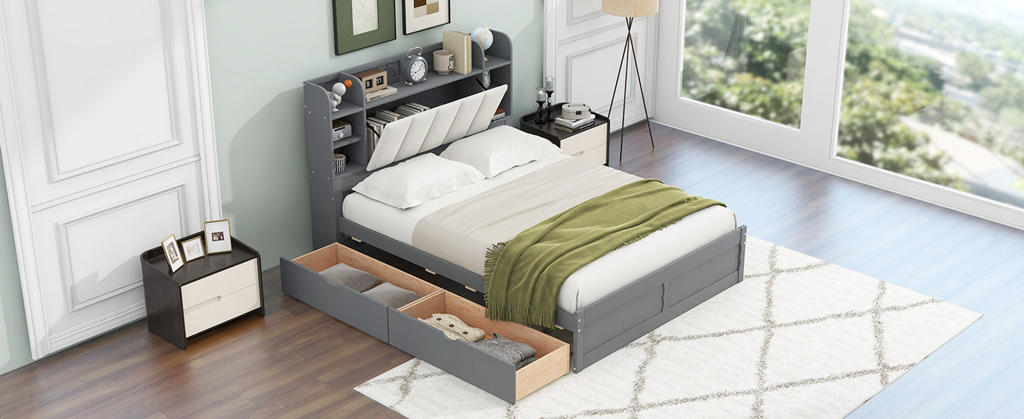 Wood Queen Size Platform Bed with Storage Headboard  Shelves and 2 Drawers  Gray