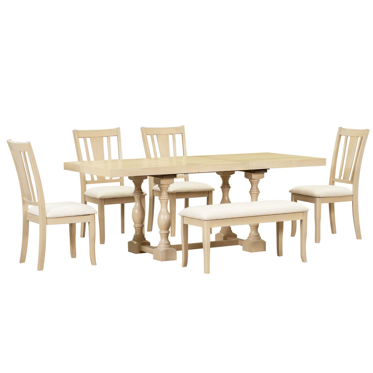 Juego de mesa de comedor extensible tradicional de 6 piezas con caballete, hojas extraíbles, sillas acolchadas y banco, acabado natural