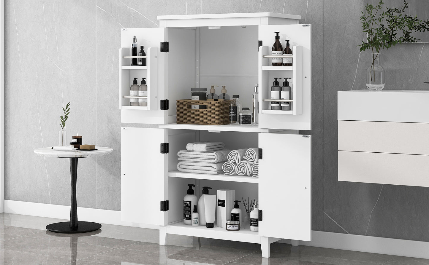 Bathroom floor storage cabinet, bathroom storage unit, 4-door independent cabinet, adjustable shelf, adaptive shelf, white