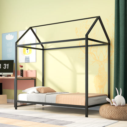 House Bed Frame Twin Size  Kids Bed Frame Metal Platform Bed Floor Bed for Kids Boys Girls No Box Spring Needed Black