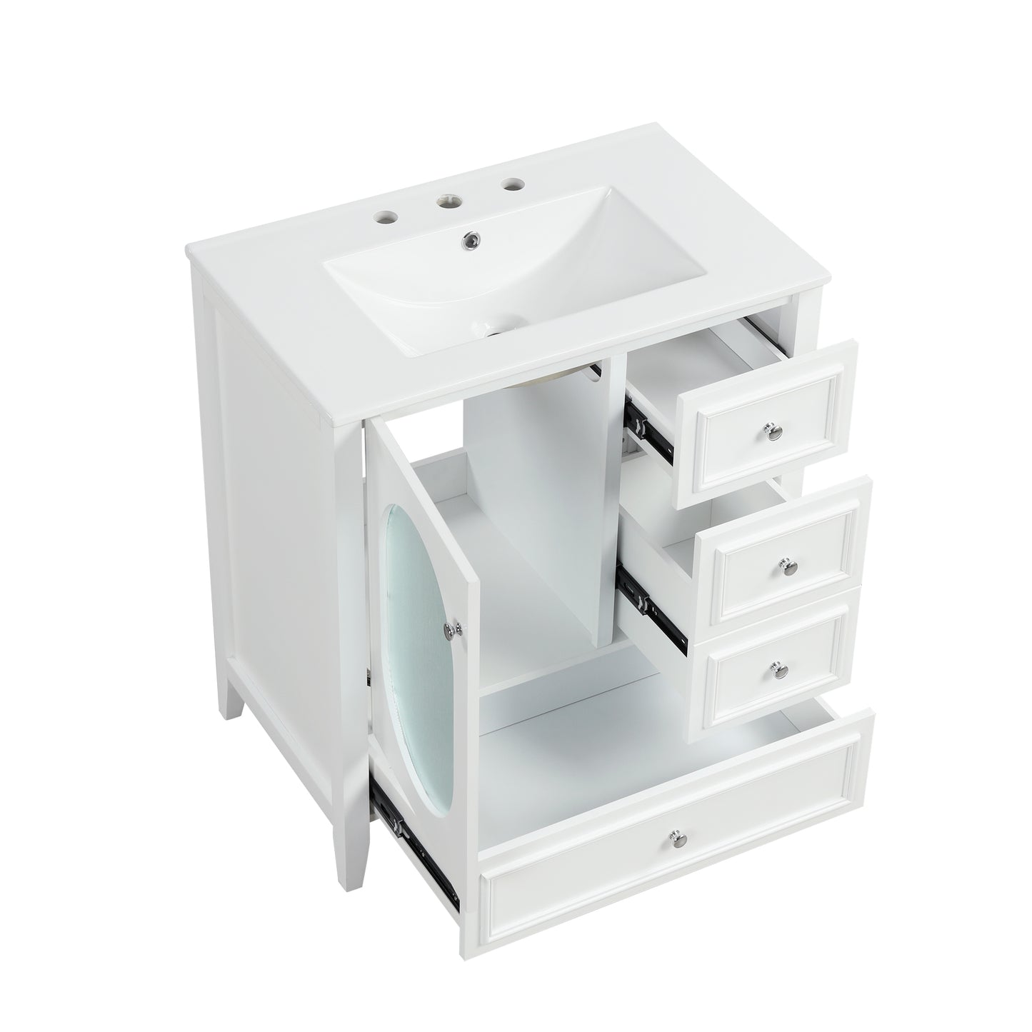 Bathroom Vanity with Sink, Bathroom Vanity Cabinet with Three Drawers and Door, Solid Wood and MDF, White