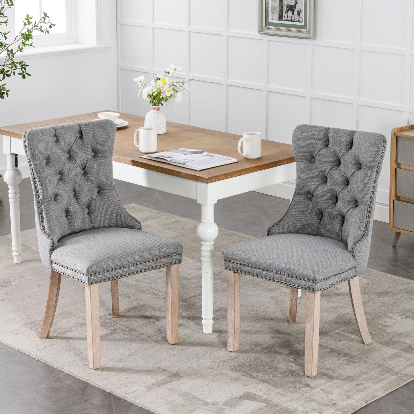 High-end Tufted Solid Wood Contemporary Flax Upholstered Linen Dining Chair with Wood Legs Nailhead Trim 2-Pcs Set Gray