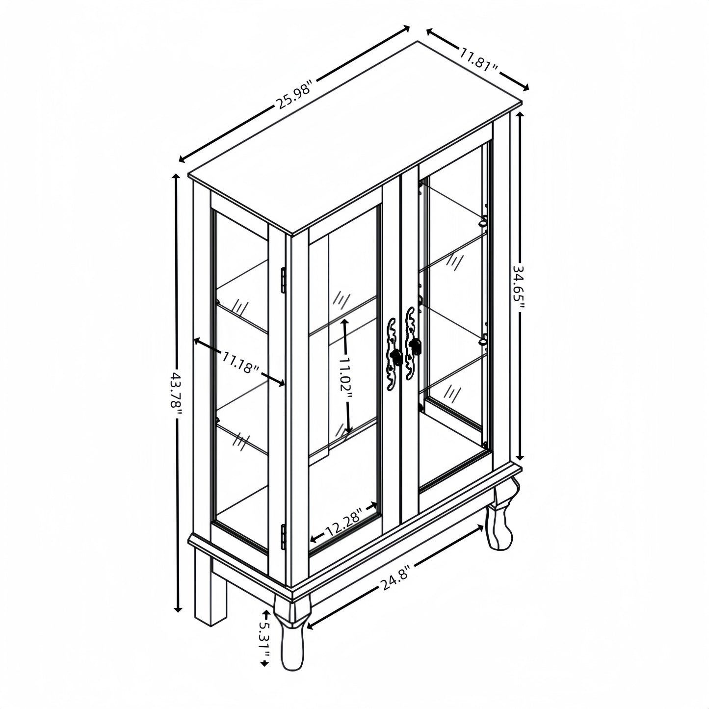 Dual door Curio cabinet with tempered glass doors, mirrored back panel and adjustable shelves, home lighting display cabinet Oak