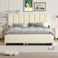 Queen Size Upholstered Platform Bed with 2 Drawers and 1 Trundle, Classic Metal Strip Headboard Design, Beige