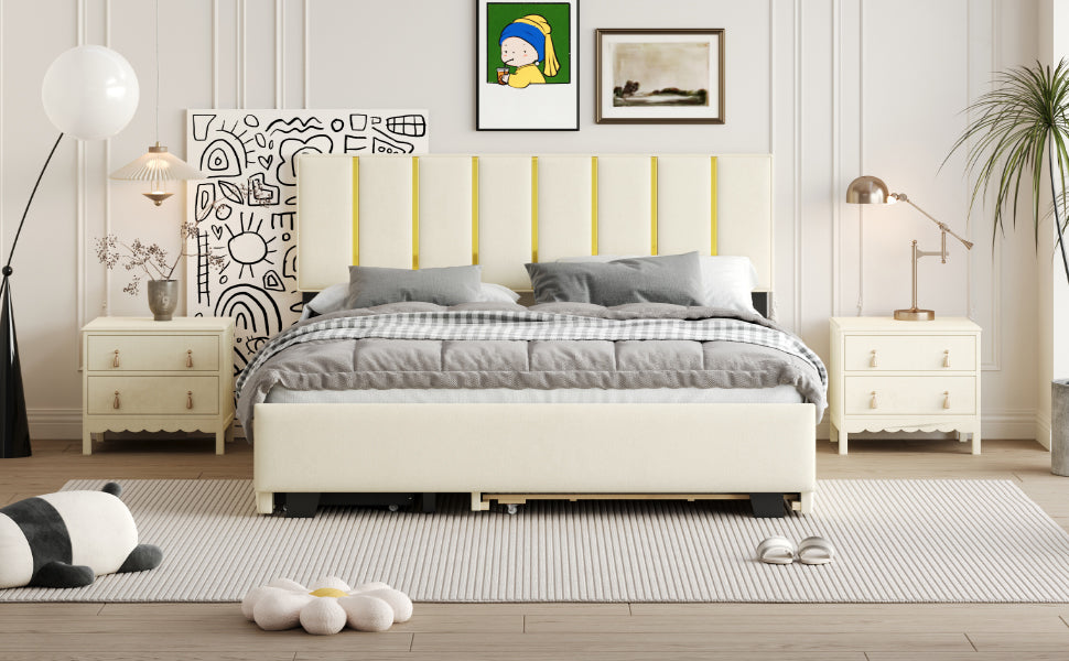 Queen Size Upholstered Platform Bed with 2 Drawers and 1 Trundle, Classic Metal Strip Headboard Design, Beige