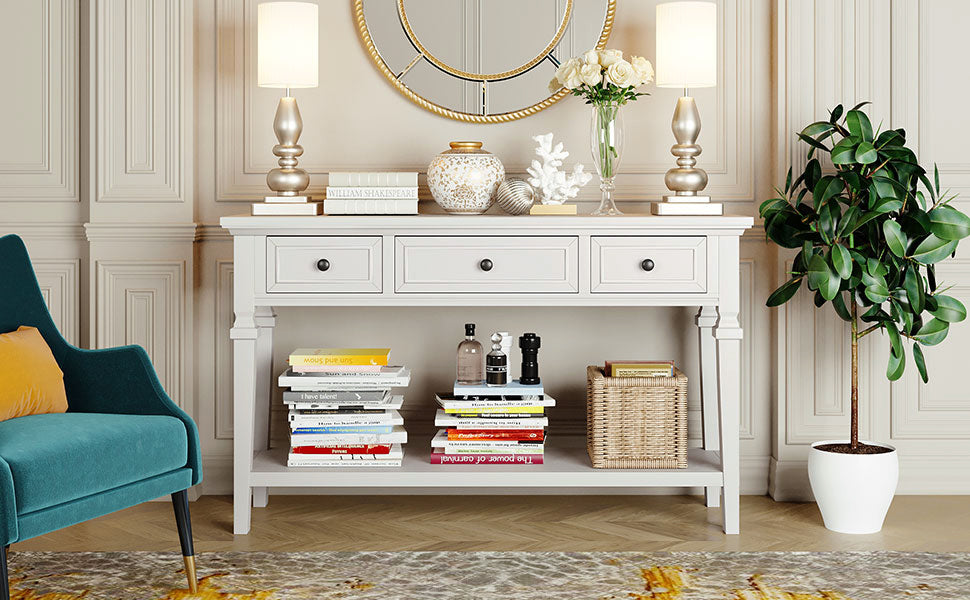 TREXM Classic Retro Style Console Table with Three Top Drawers and Open Style Bottom Shelf (Antique White)