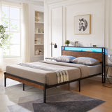 Extra large metal platform bed frame with wooden headboard and footrest, USB LINER, LED lights