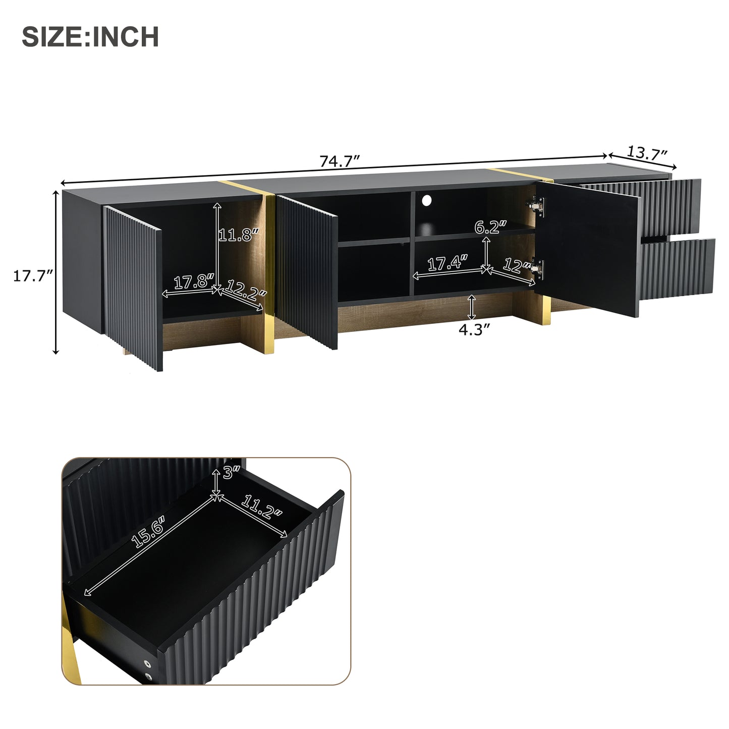 Luxury Fluted TV Stand for TVs Up to 80'', Modern Entertainment Center with Storage Cabinets & Drawers Black