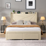 Full Size Bed Frame with 2 Storage Drawers Upholstered Bed Frame Beige