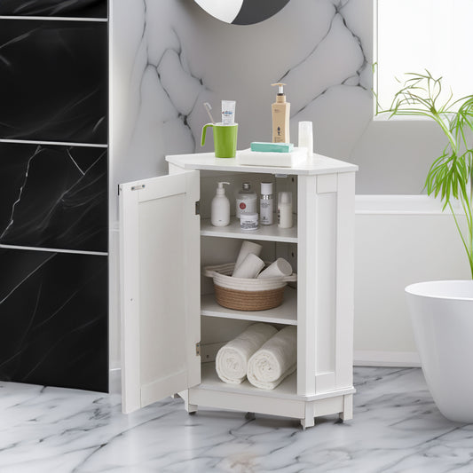 White Bathroom Cabinet Triangle Corner Storage Cabinet with Adjustable Shelf Modern Style MDF Board