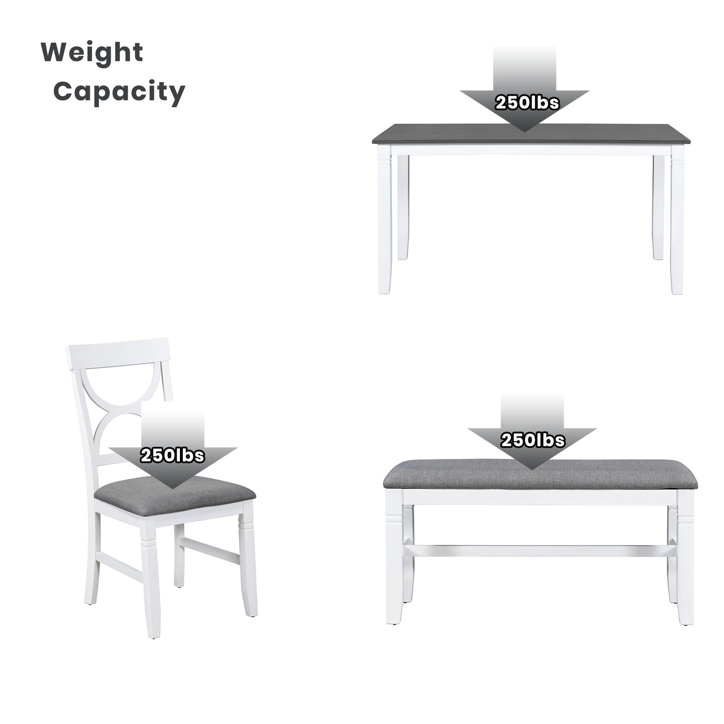 Juego de mesa de comedor de madera TOPMAX de 6 piezas con banco tapizado y 4 sillas, estilo rústico en gris y blanco