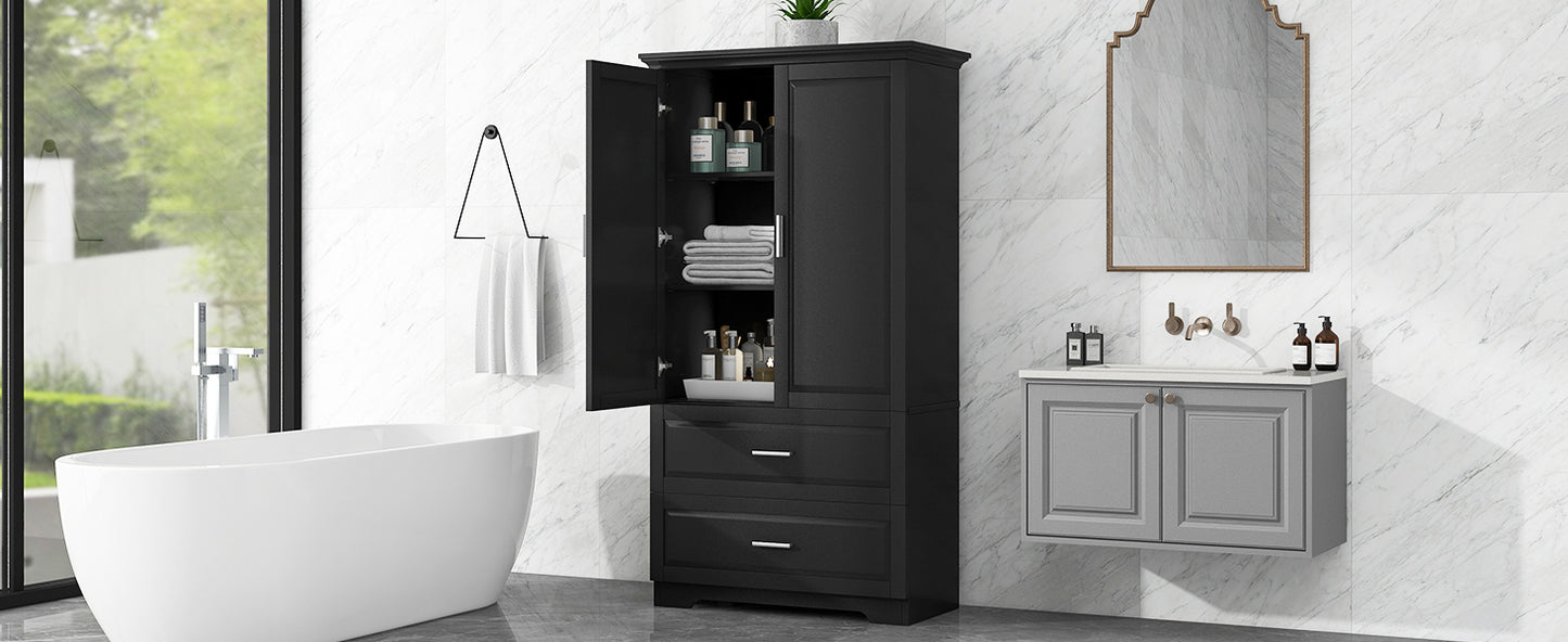 Tall Bathroom Storage Cabinet with Two Doors and Drawers, Adjustable Shelf, MDF Board, Black Finish