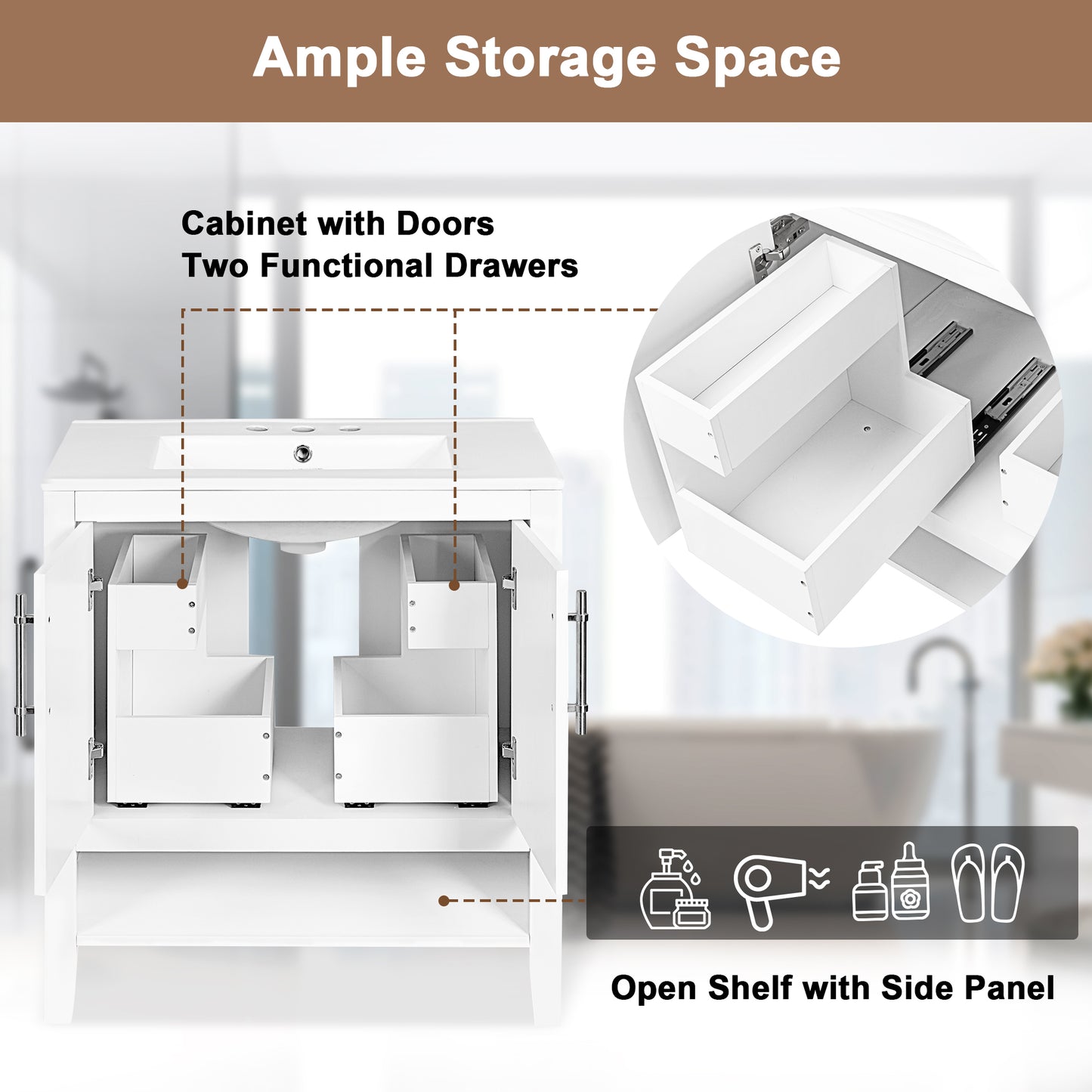 Bathroom Vanity with Sink Multi-functional Bathroom Cabinet with Doors and Drawers Solid Frame and MDF Board, White