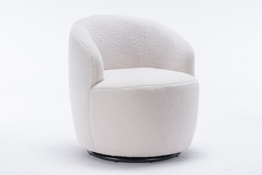 Teddy Fabric Swivel Accent Armchair with Black Powder-Coated Metal Ring, Ivory White Finish