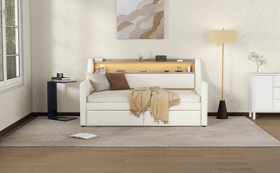 Twin Size Daybed with Drawers, Upholstered Daybed with Charging Station and LED Lights, White