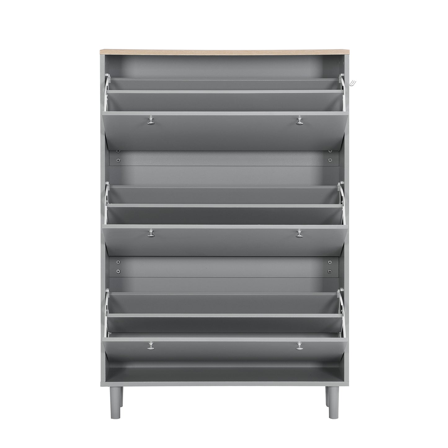 ON-TRANS narrow design shoe cabinet with 3 flip drawers and 3 independent shoe racks with 3 hooks, gray