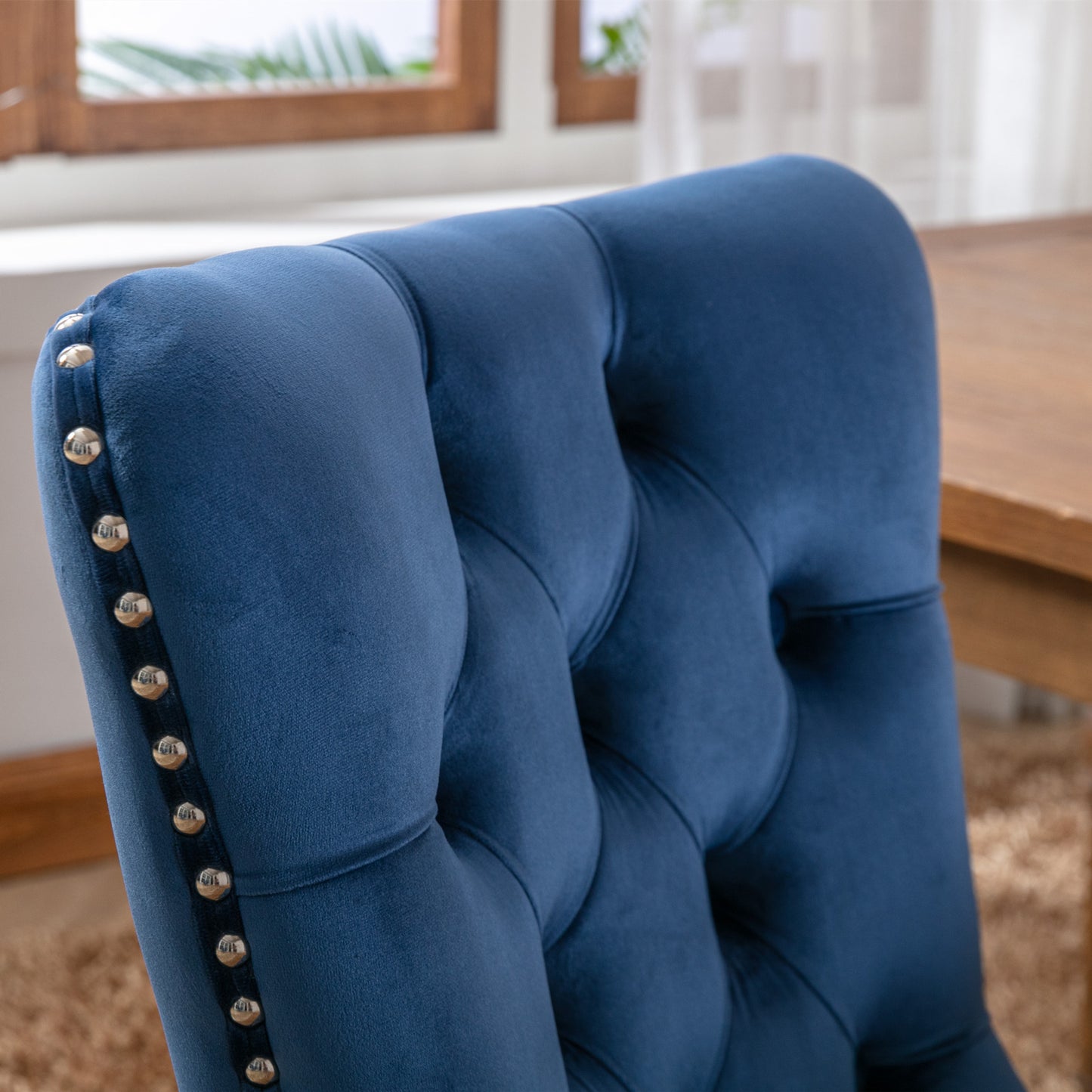 High-end Tufted Solid Wood Contemporary Velvet Upholstered Dining Chair with Wood Legs Nailhead Trim 2-Pcs Set Blue