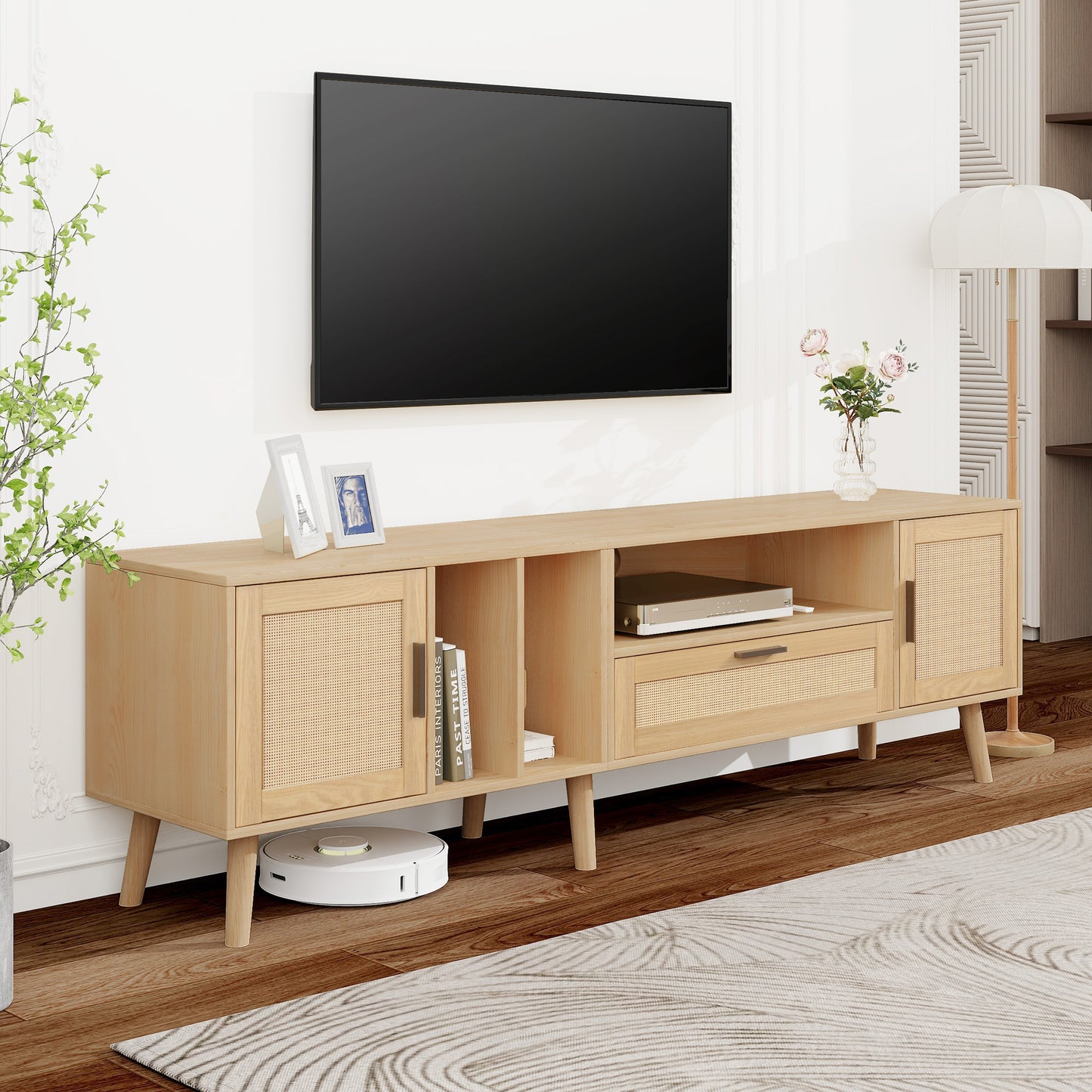 Vine TV Stand with 2 Cabinets and 2 Open Shelves, Solid Wood Legs for TVs Under 80 Inches