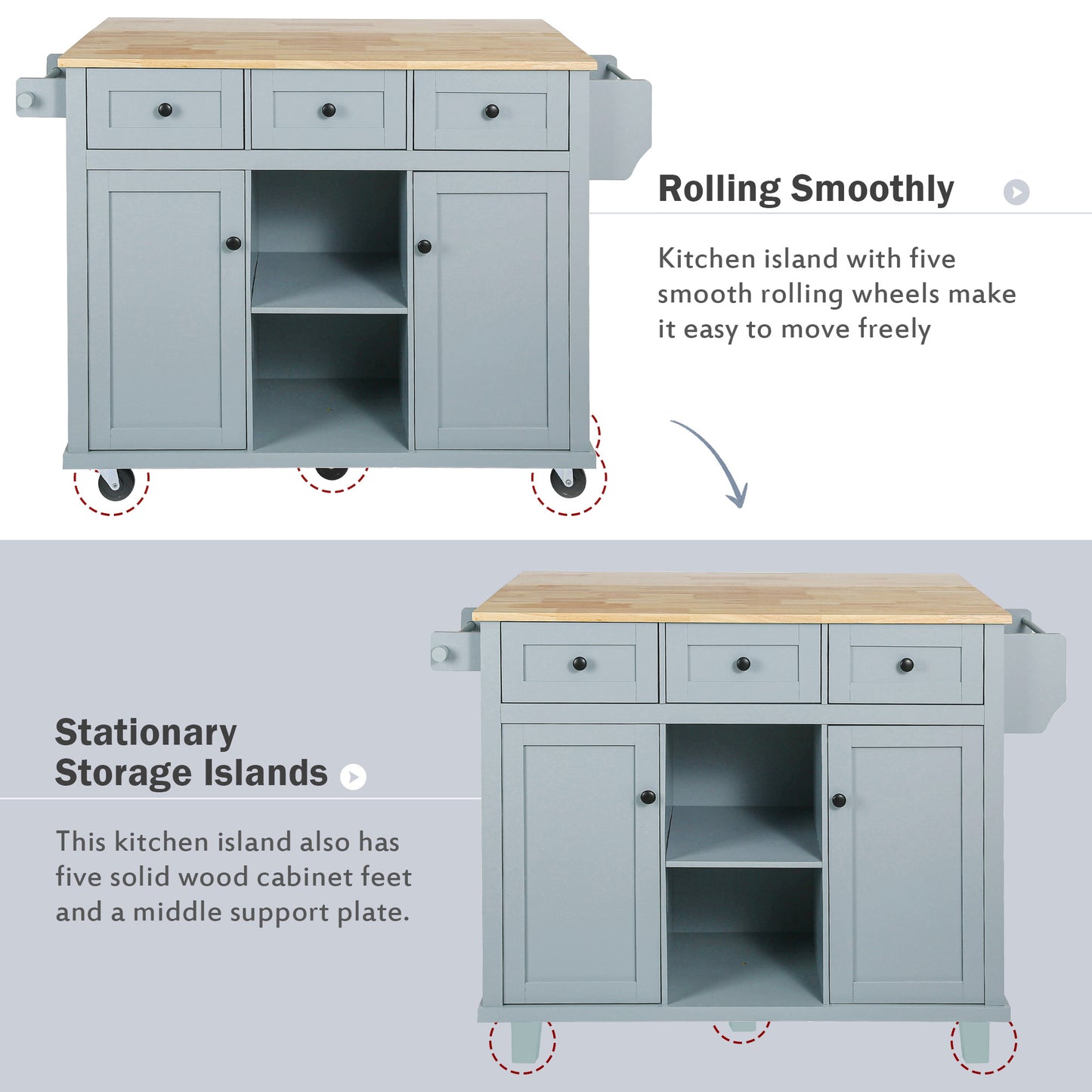 Kitchen handcart with rubber wood leaf countertop, storage cabinet, shelf, and 3 dining room drawers, gray blue