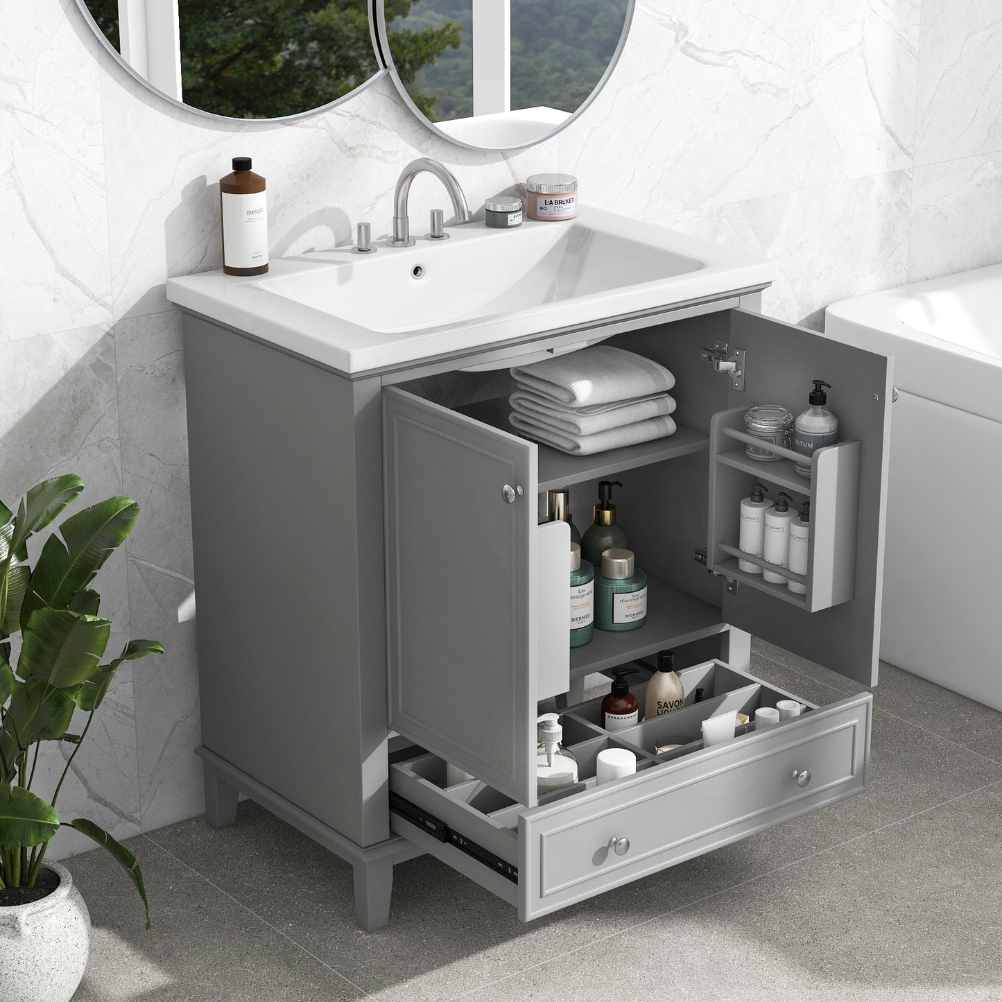 30inchgrey Bathroom Vanity with Sink ComboMulti-functional Bathroom Cabinet with Doors and Drawer Solid Frame and MDF Board