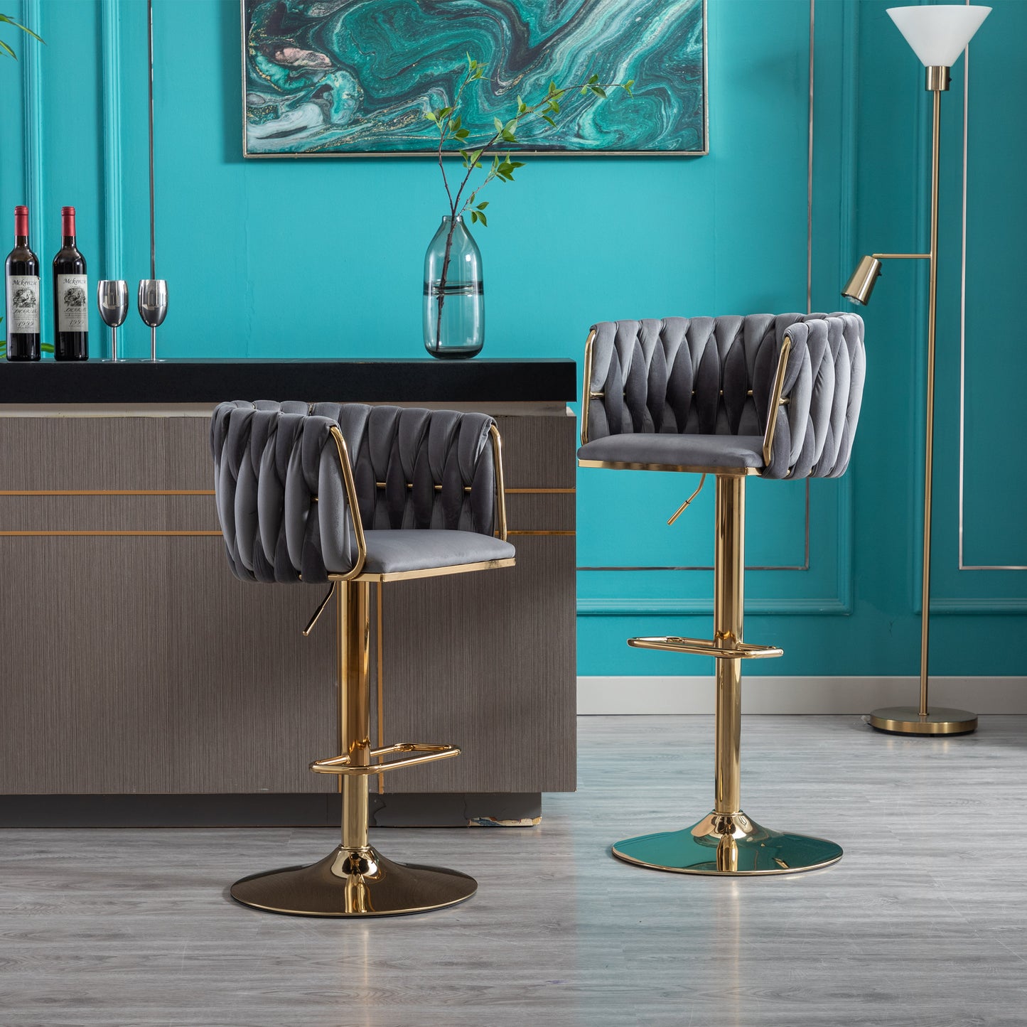 Set of 2 Bar Stools with Chrome Footrest and Swivel Base, Velvet Upholstery and Golden Legs, Grey Finish