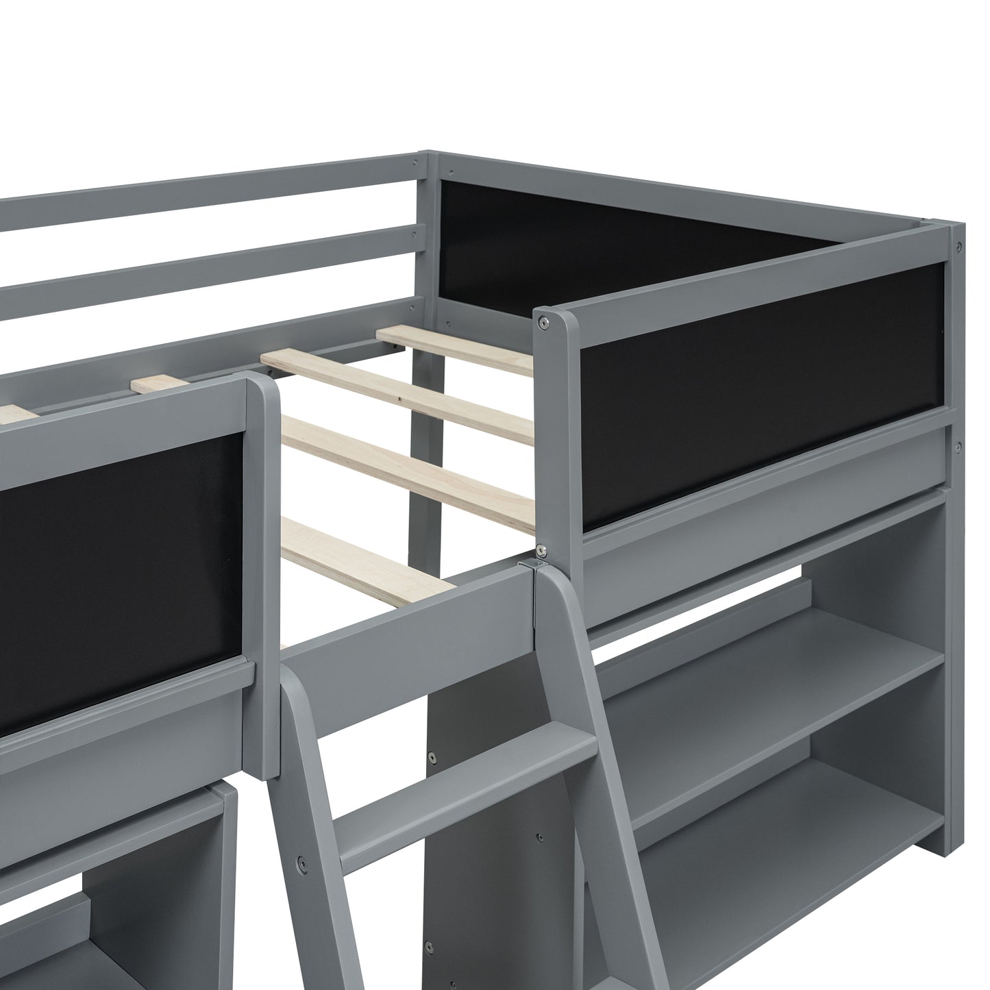 Twin Size Low Loft Bed with Two Movable Shelves and Ladder,with Decorative Guardrail Chalkboard,Gray