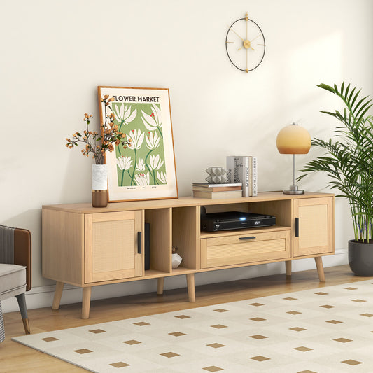 Vine TV Stand with 2 Cabinets and 2 Open Shelves, Solid Wood Legs for TVs Under 80 Inches