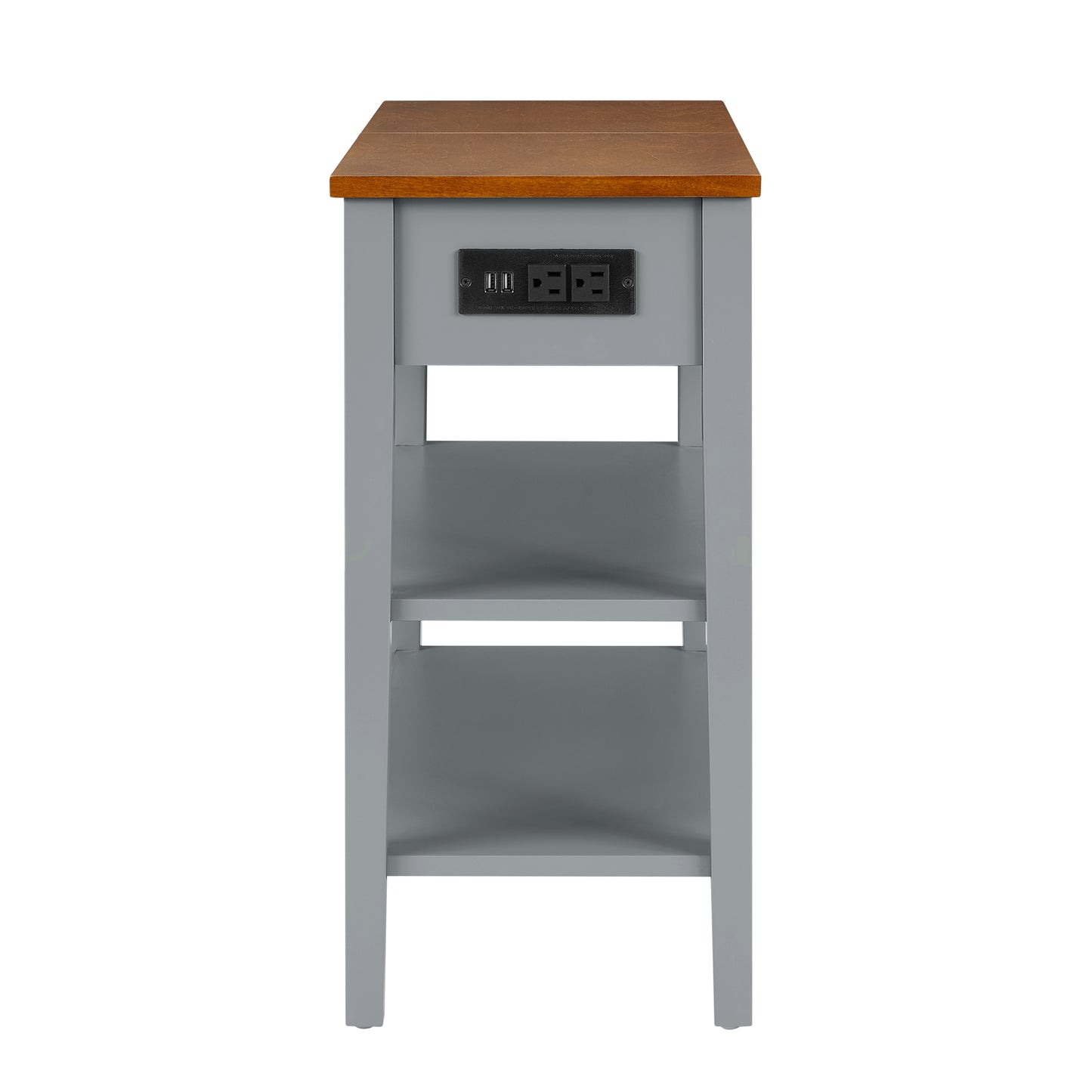 Narrow 2-tone End Table with USB Charging Ports for Small Space SOLID WOOD Table Legs Gray and Walnut