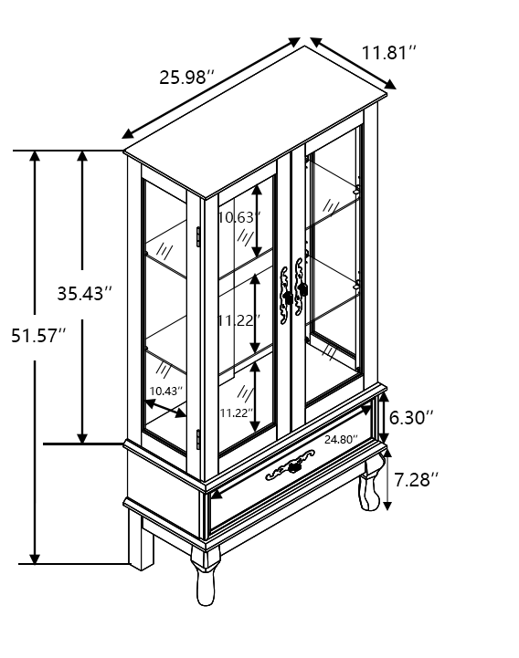 Curio cabinet lighting glass cabinet with adjustable glass frame, 2 doors and 1 drawer with light bulb, dark cherry color