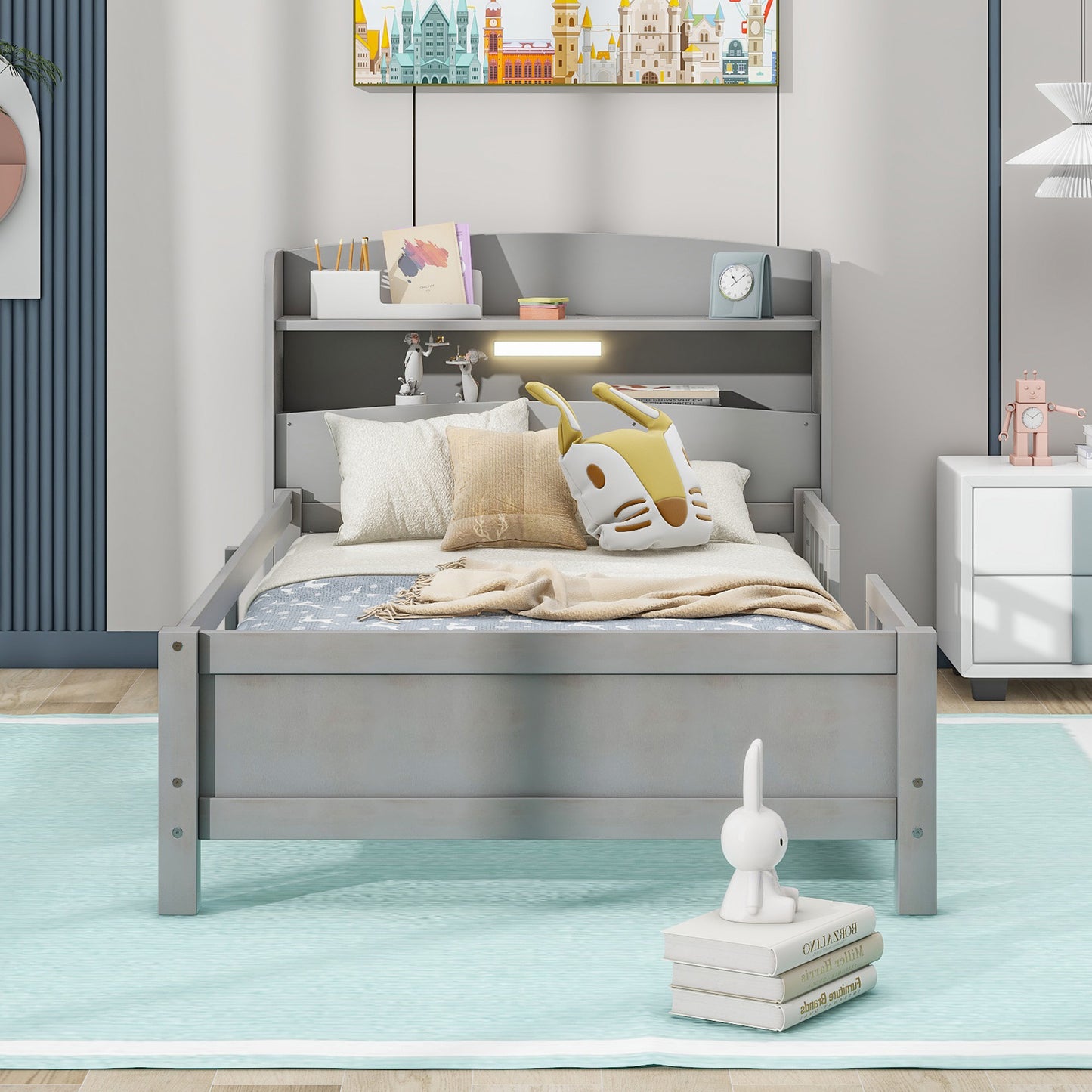 Wood Twin Size Platform Bed with Built-in LED Light  Storage Headboard and Guardrail Antique Grey