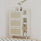 Natural Bohemian style shoe cabinet with 3 rattan flip drawers, 3 square shelves, and 1 storage drawer, white