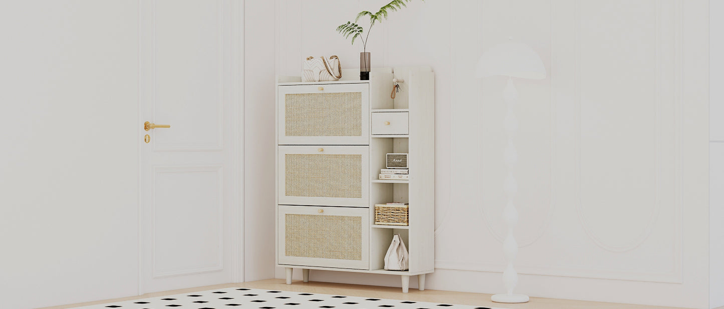 Natural Bohemian style shoe cabinet with 3 rattan flip drawers, 3 square shelves, and 1 storage drawer, white