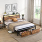 Large bed frame with storage headboard and 2 drawers, LED light bed, charging station, metal platform bed