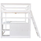 Full Size Loft Bed with Desk and Shelves,Two Built-in Drawers White