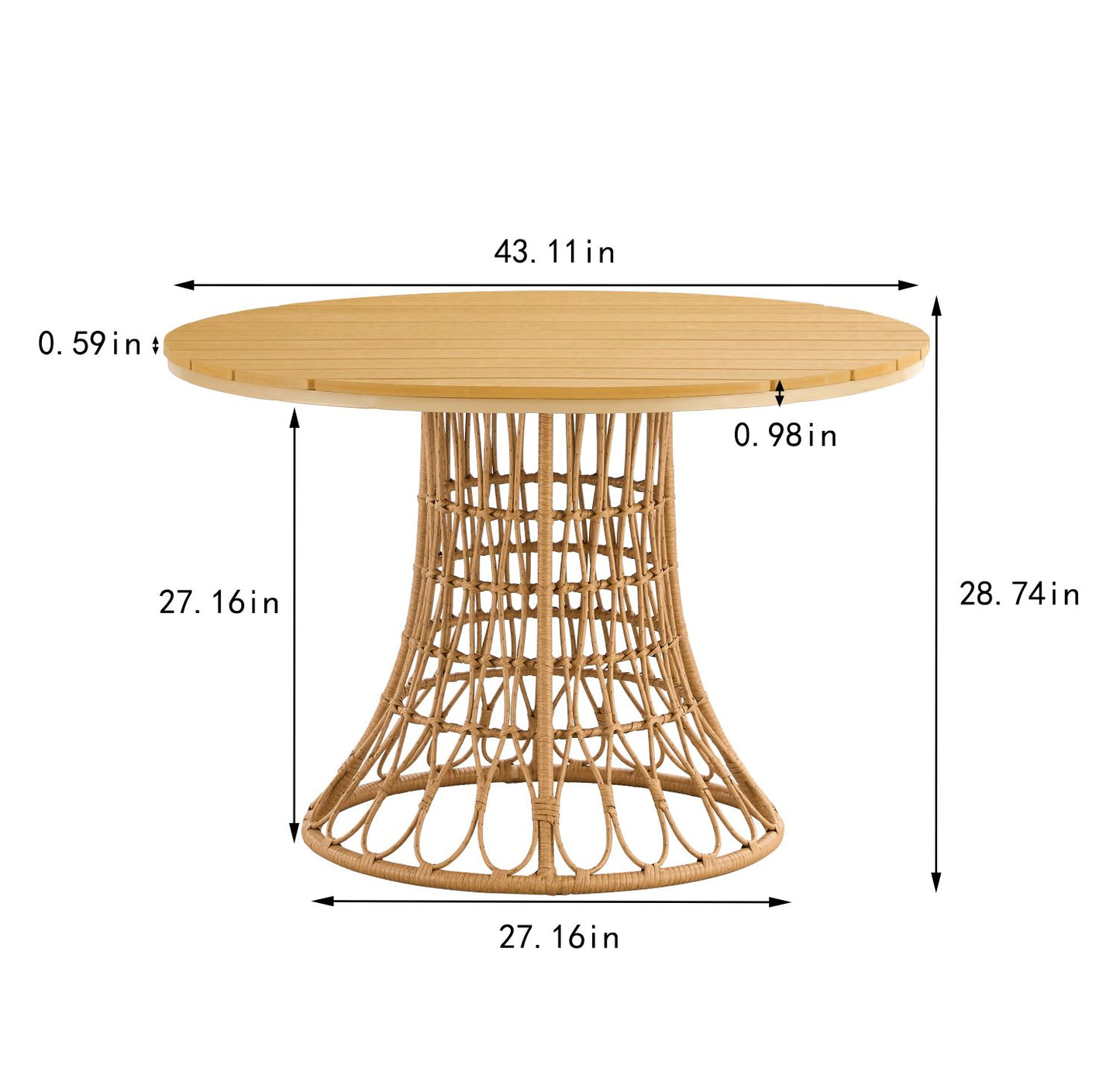 Juego de comedor para exterior de 5 piezas, mesa sencilla de bambú con tablero redondo de ratán sintético, 110 cm, ideal para patios