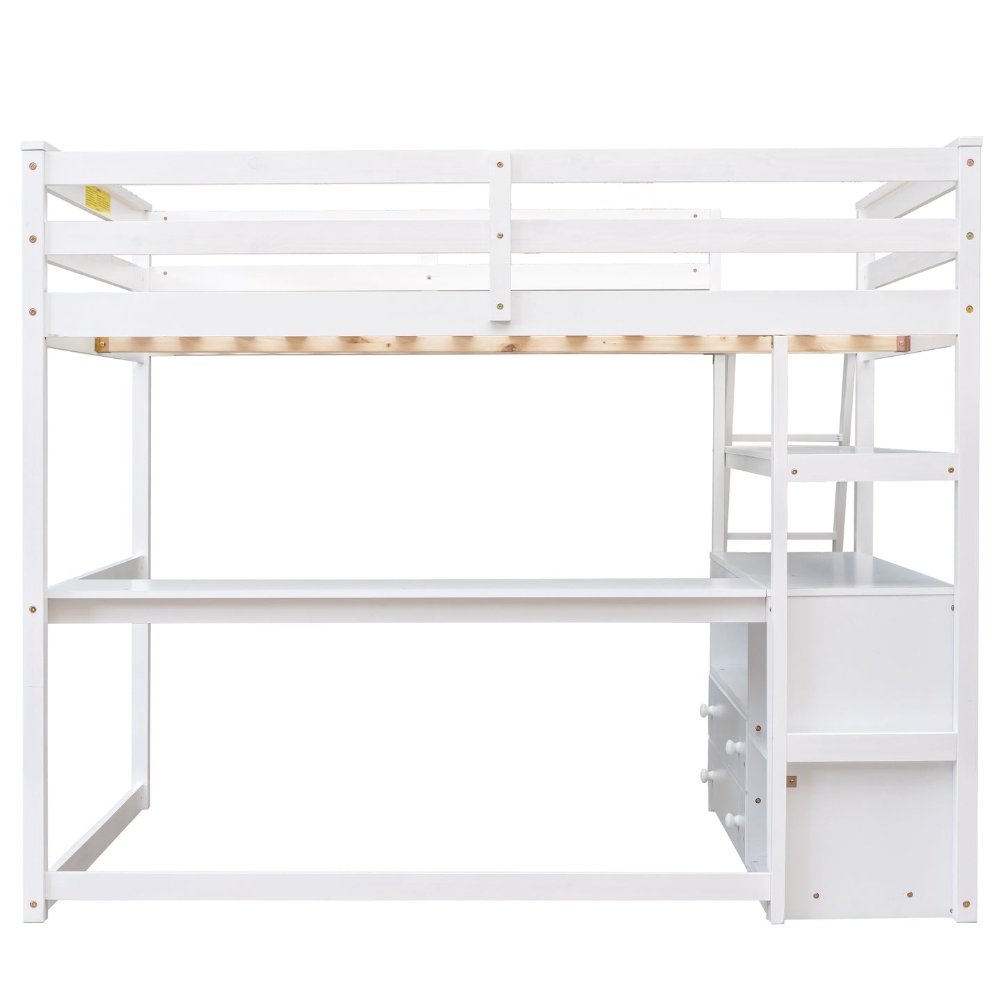 Full Size Loft Bed with Desk and Shelves,Two Built-in Drawers White