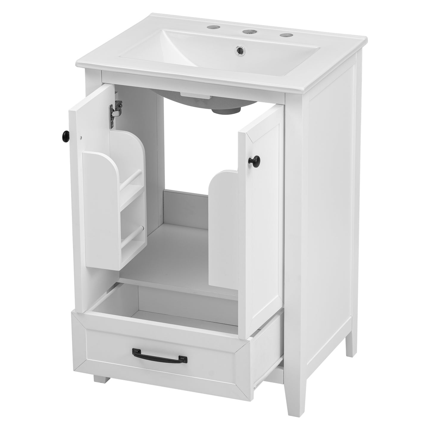 24" Bathroom Vanity with Sink, Solid Wood and MDF Cabinet with One Drawer and Doors, White Finish