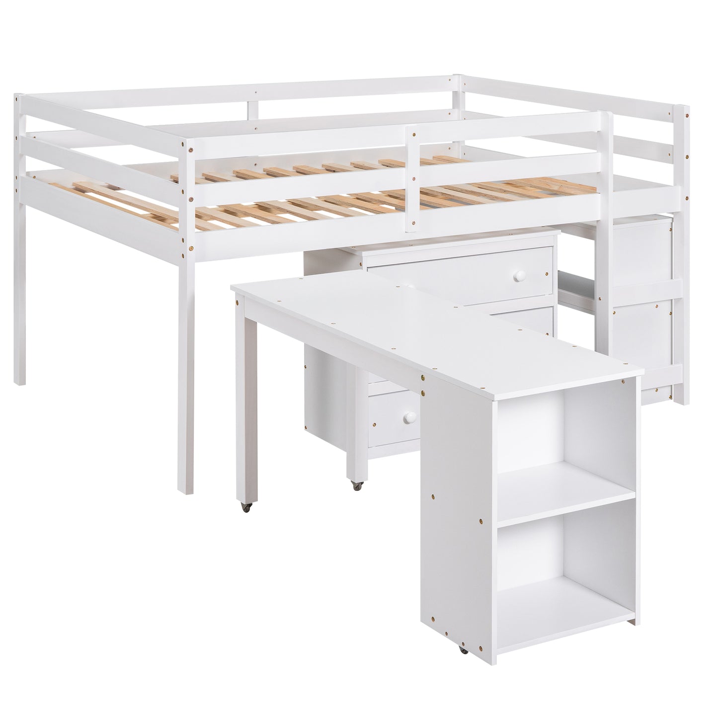 Low Study Full Loft Bed with Cabinet Shelves and Rolling Portable Desk Multiple Functions Bed- White