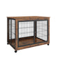 Furniture Style Dog Crate Side Table on Wheels with Double Doors and Lift Top. Rustic Brown