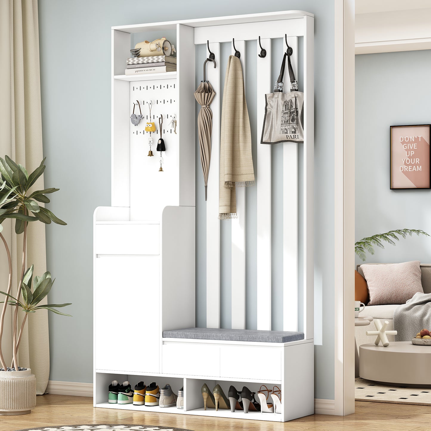 39.3"W x 70.8"H Multifunctional Corridor Shoe Cabinet with Soft Padded Nail Board and White Hanger