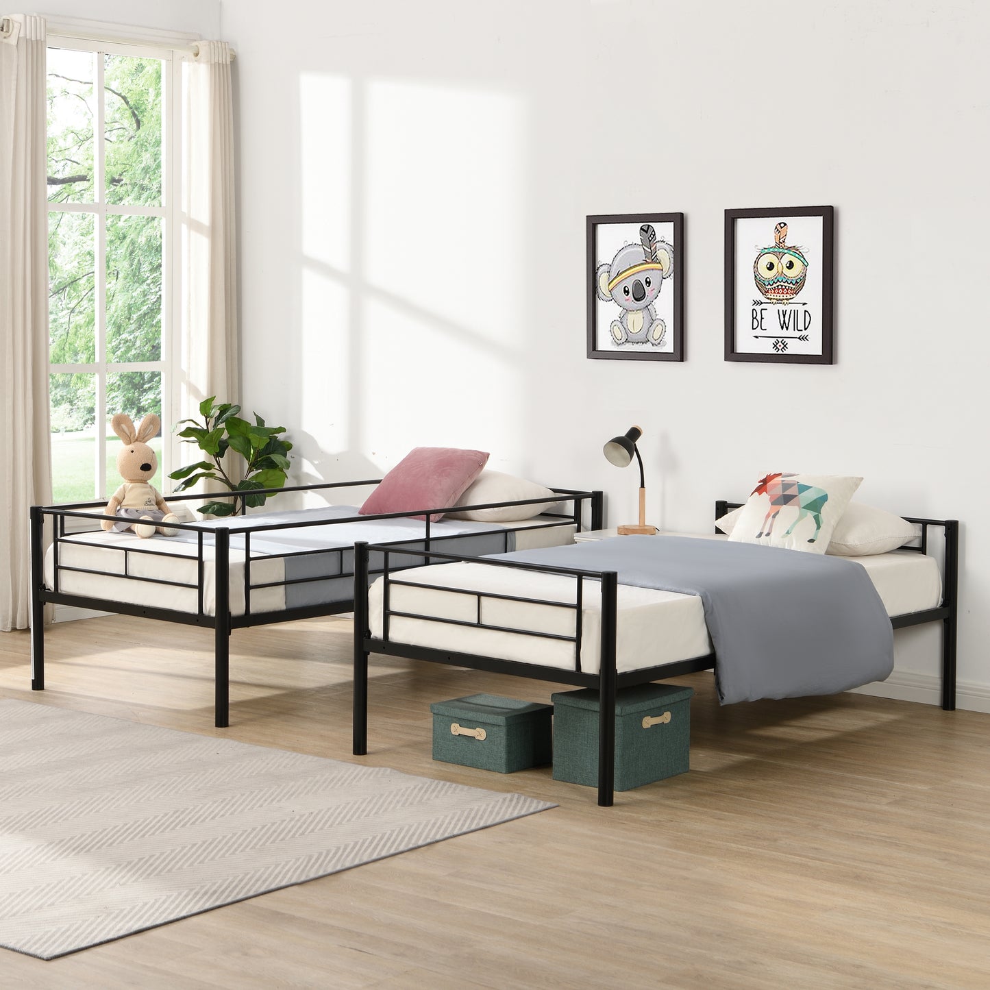 Cama de dos pisos con cama superior tamaño twin, 2 escaleras y barandilla de longitud completa, acabado negro